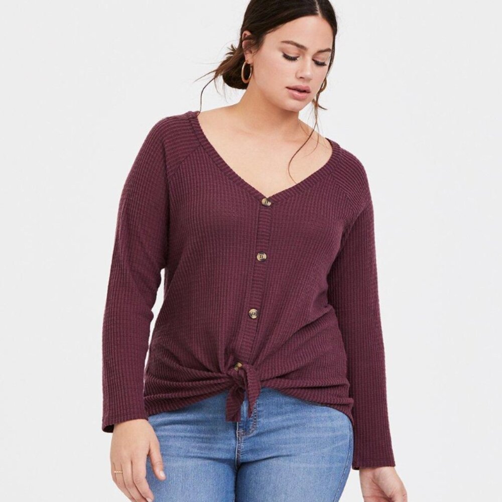 Torrid Waffle V-Neck Button Front Long Sleeve Top